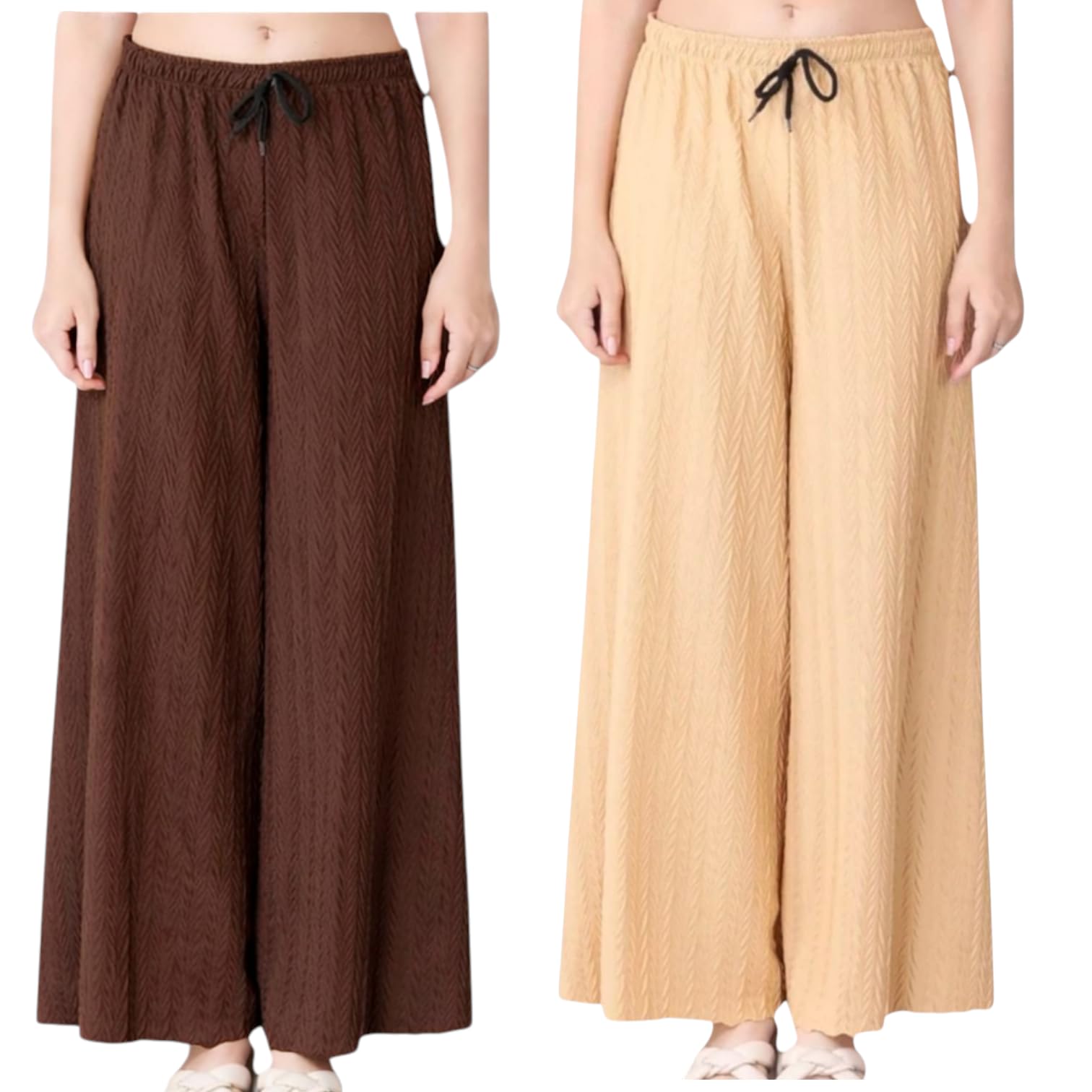 Women Palazzo Pants, Wide Leg Trousers with Drawstring, Brown and Black, 2 Pack-image-35
