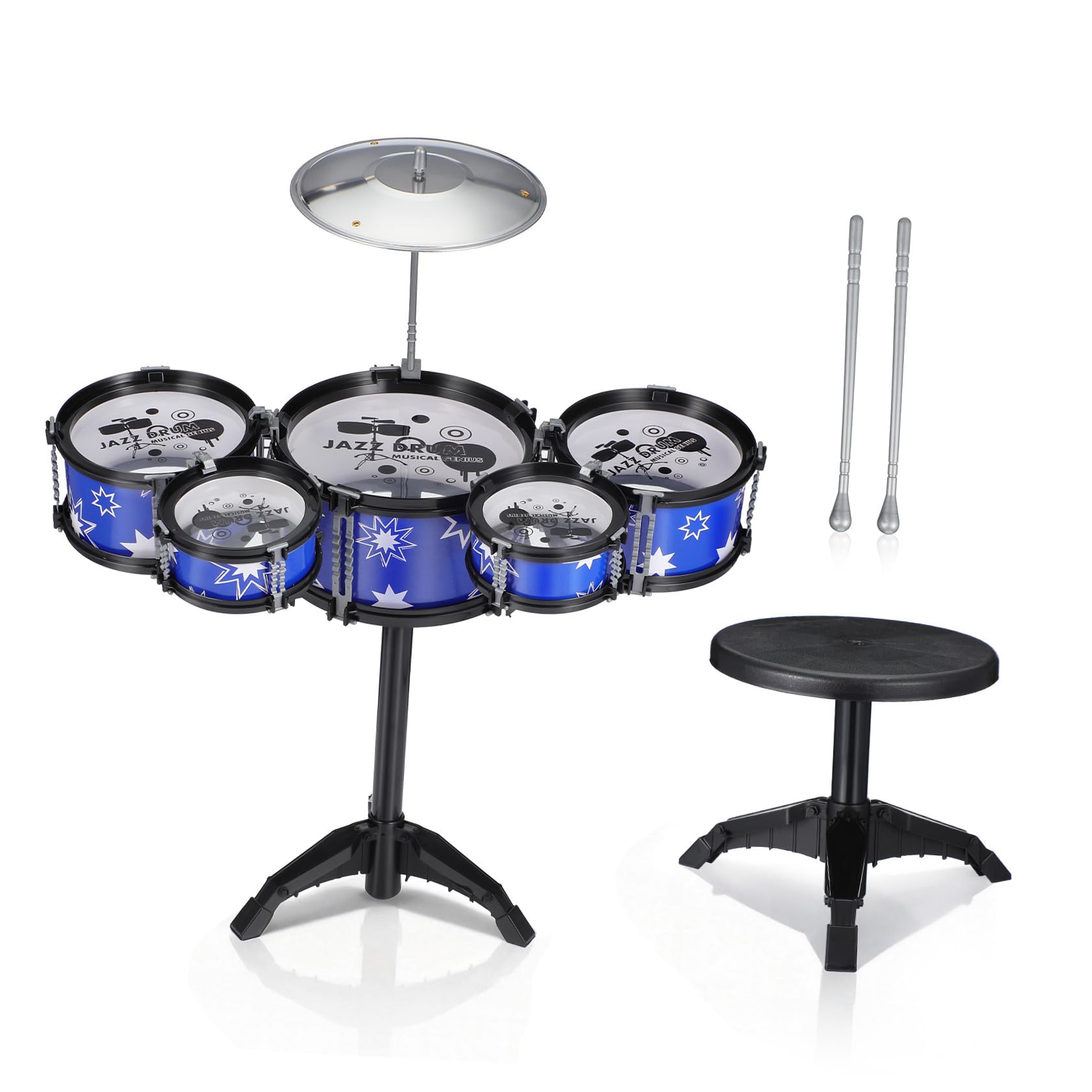 SUPVOX Set di Batteria 5 Tamburi in Plastica per Bambini 21 Pollici Strumenti Musicali Percussioni Sgabello e Bacchette , Gioco Educativo per Bambini Piccoli