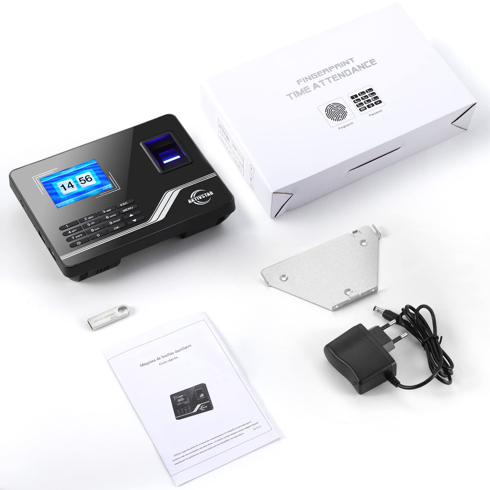 Aktivstar Controllo Orario Dipendenti, Scheda con Schermo, Memoria USB da 8GB, Macchina di Assistenza Biometrica con Capacità di 1000 Impronte Sistema Spagnolo, Senza Connessione Internet