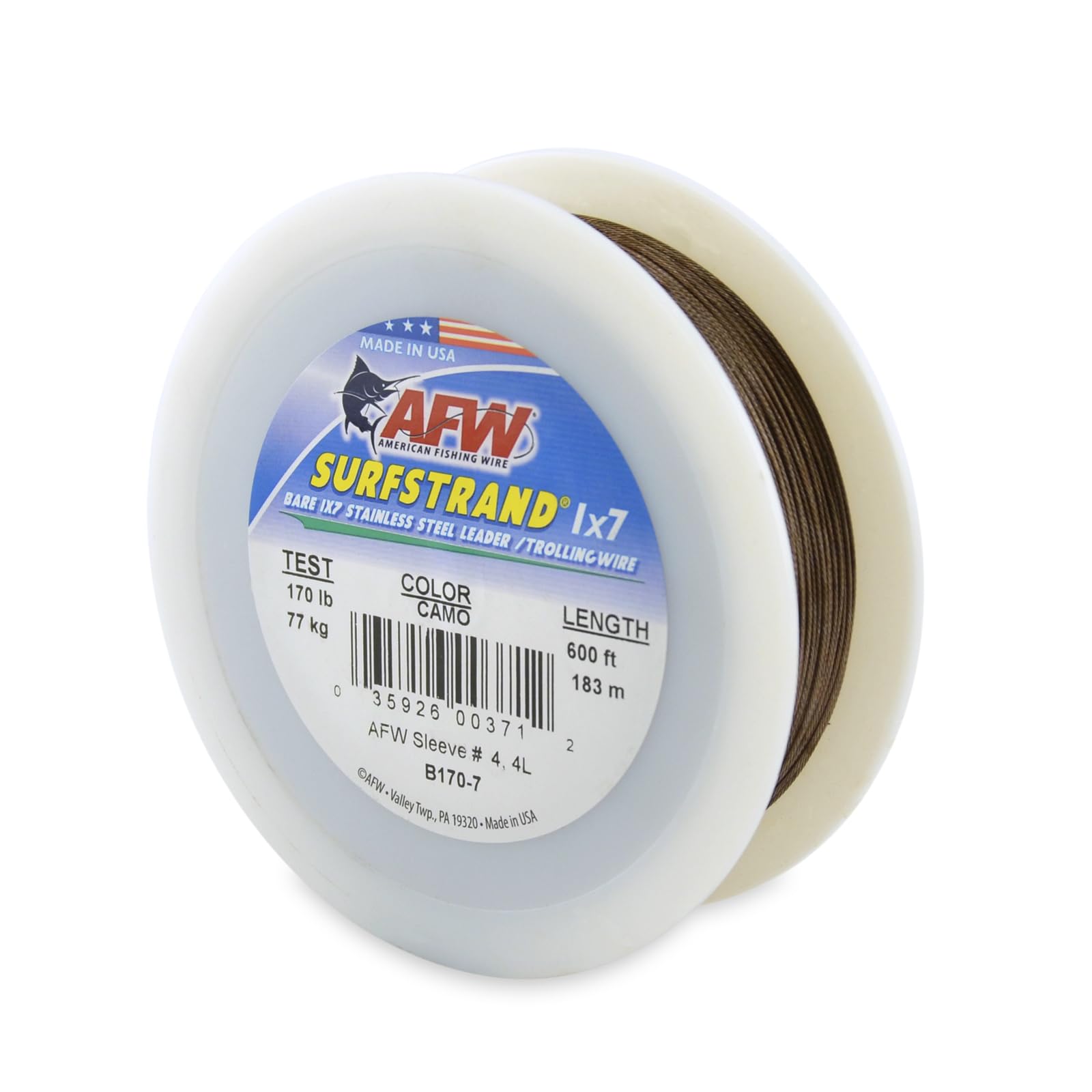 American Fishing Wire Surfstrand, Bare 1x7 Stainless Steel Leader Wire, 170 lb Test, 0.033" Diameter, Camo, 600 ft — image 1