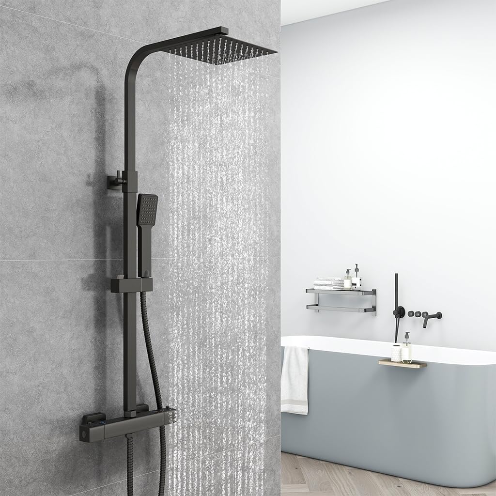 AICA Colonna Doccia con Miscelatore Termostatico, Rubinetto Doccia 283x40mm, Soffione Doccia Quadrato in Acciaio Inox 20x20cm, Altezza Regolabile 730-1150mm, Set Doccia Completo Nero
