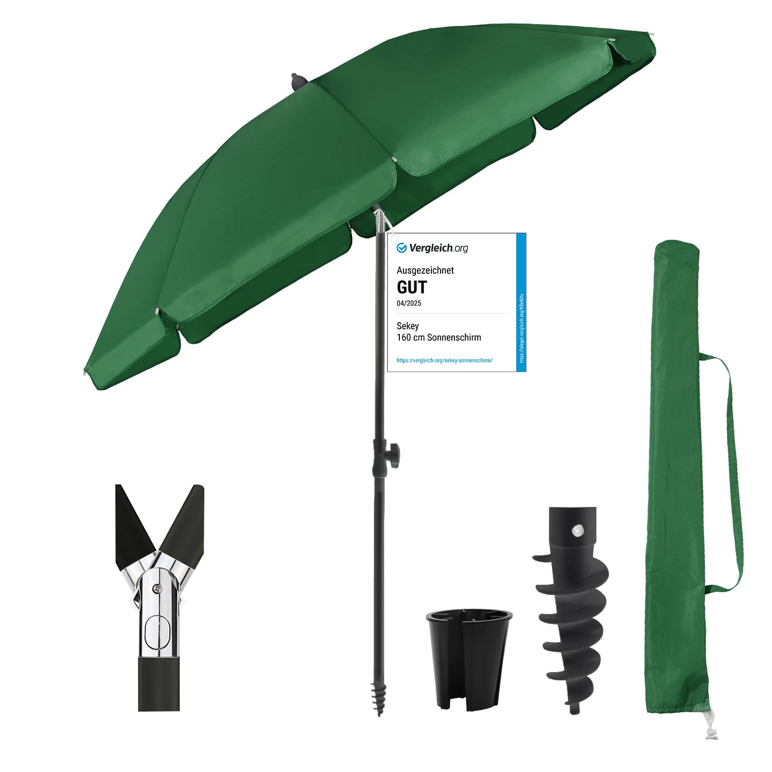Sekey® 180 cm Sonnenschirm Stabil Strandschirm mit Bodenhülse & Schutzhülle für Balkon Garten & Terrasse| Neigungswinkel und Höhe verstellbar, Rund Sonnenschutz UPF 50+