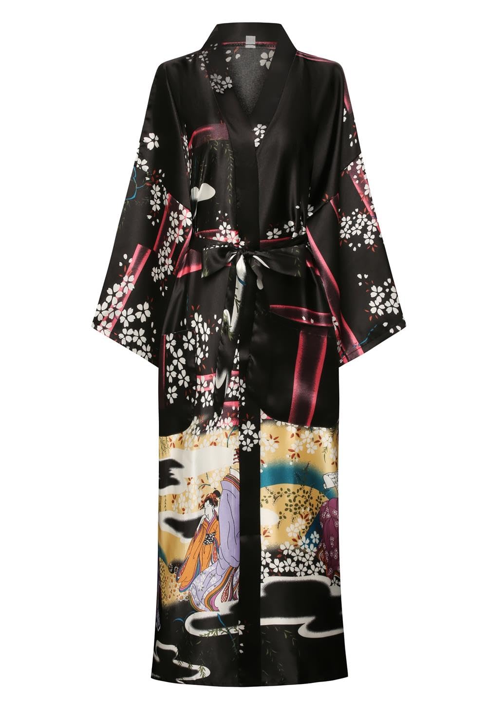 DandyChic Women's Long Floral Satin Robes Imitation Silk Sleepwear Bridal Dressing Gown for Bridesmaid Nightgown
