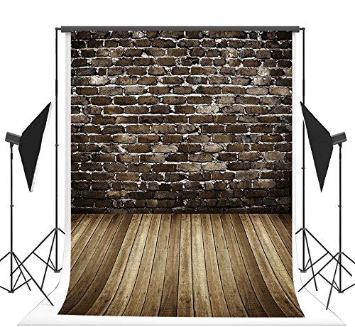 5x7ft Gray Brick Wall and Wood Floor Photo Backgrounds no Wrinkle Photography Backdrops for Wedding