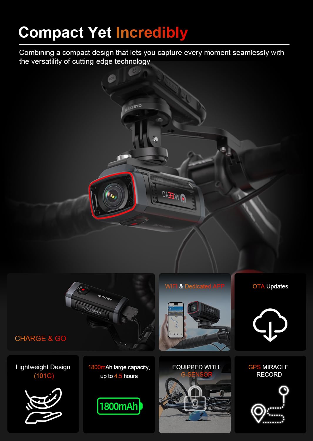 AKEEYO AKY-710S kamera rowerowa z uchwytem, 4K 28 kl./s, 2K 55 kl./s, szeroki kąt 142°, IP67, 5 MP, nagrywanie w pętli i w nagłych wypadkach, monitorowanie parkowania, rower, sport na świeżym