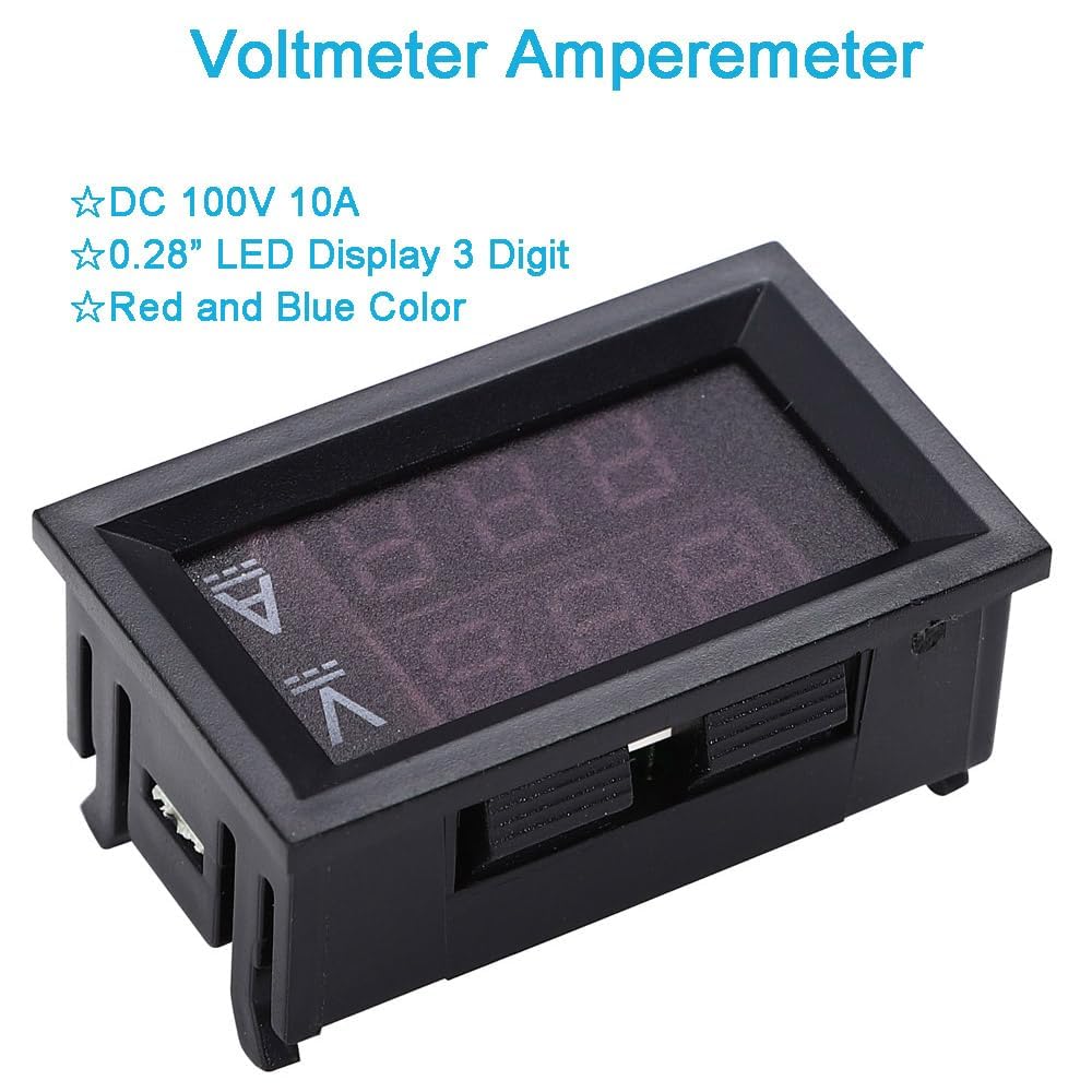 Paquete de 2 voltímetros y amperímetros digitales de 0,28 pulgadas, medidores de voltaje y corriente de 100 V CC y 10 A, con pantalla LED dual azul y roja de 3 bits