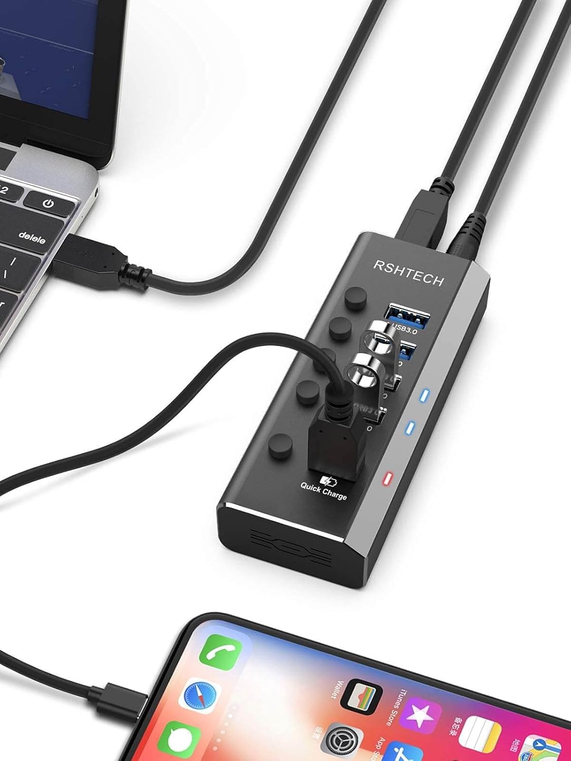 RSHTECH USB Hub charging a smartphone while connected to a laptop