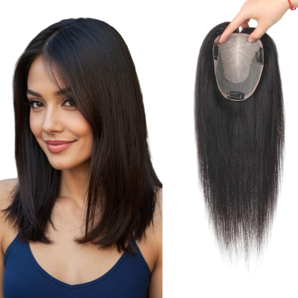 Silk Base Human Hair Topper for Women Real Human Hair Clip In Topper,4.7x5.1Inch Larger Base, 150% Density, Hair Piece with No Bangs, Natural Color Toppers for Women with Thinning or Fine Hair(10inch)