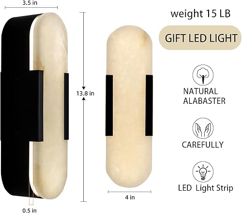 Miniatura 4 de Juego de dos apliques de pared, lámpara de pared de alabastro, accesorios de tocador negro mate para baño, lámpara de pared moderna de mesita de