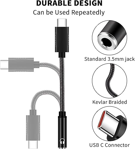 Miniatura 4 de ACAGET Adaptador de auriculares USB C a 0.138 in, convertidor de conector de audio USB tipo C, chip DAC, cable trenzado, adaptador de auriculares