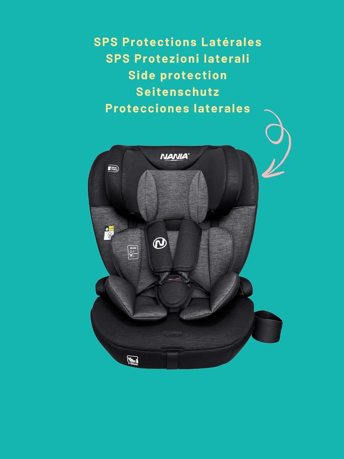 Nania - Milano, Asiento de coche para bebé ISOFIX, escalable 76-150 cm, 9-36 kg, 15 meses a 12 años, Cabezal ajustable 12 niveles de ajustes, Protectores laterales, Funda extraíble y lavable