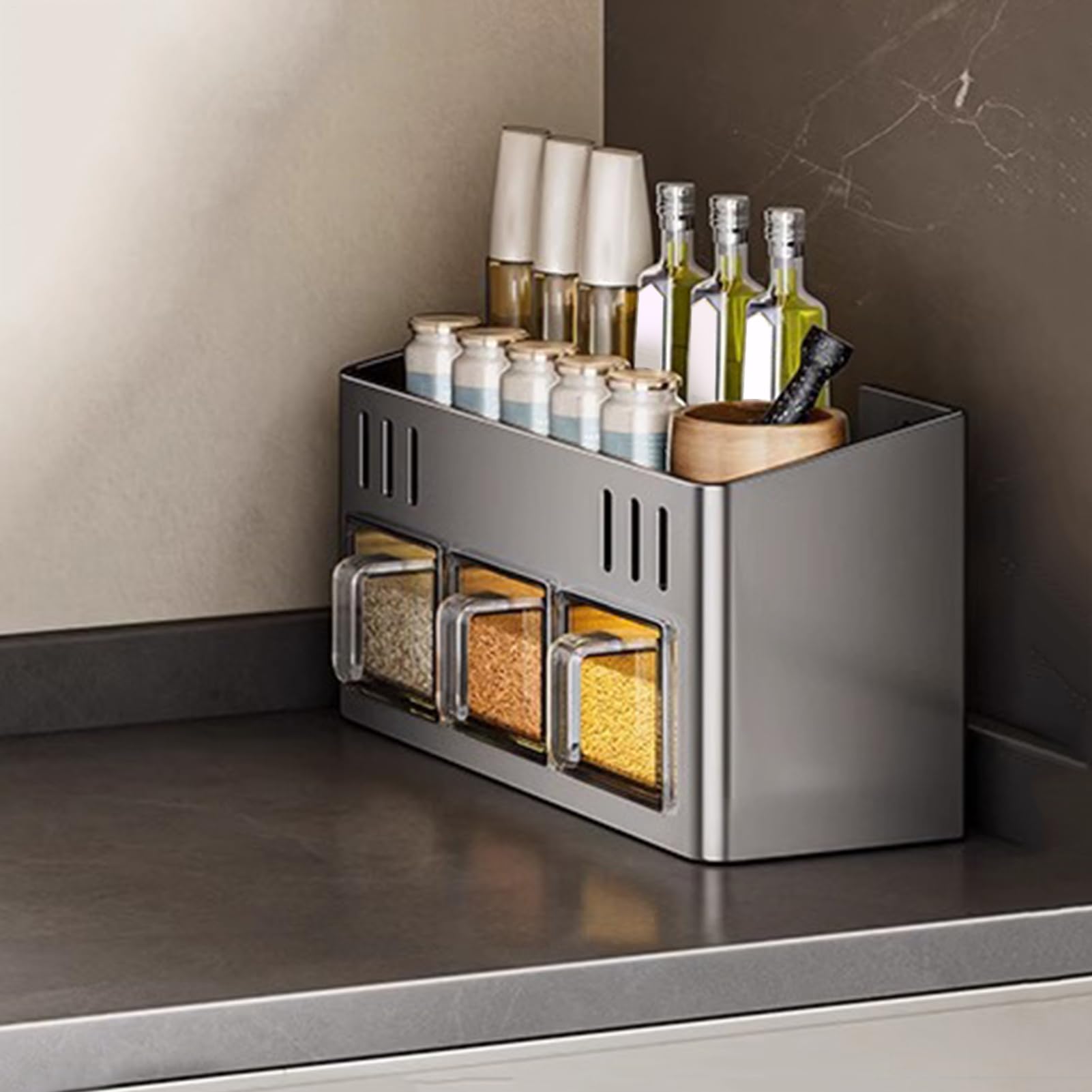 Solución de almacenamiento de especias - Soporte para especias para mesa | de doble capa con sellada para cocina restaurante de pared gabinete de cocina