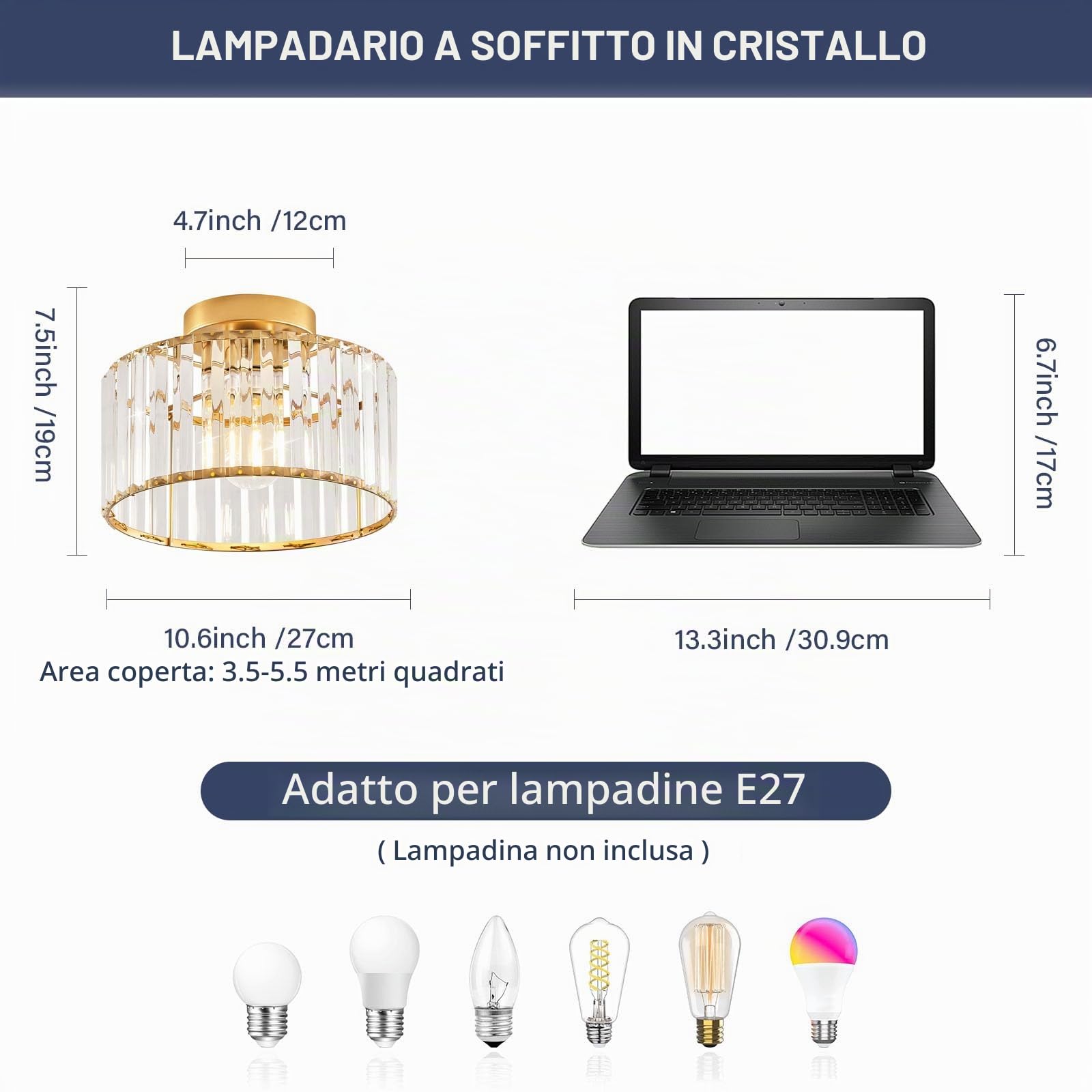 Qamra Plafoniera Moderni Oro, Plafoniera cristalli 27 cm, Rotondo Lampada Soffitto per Bagno Soggiorno Camera da Letto Cucina Corridoio E27（Lampadine non incluse）