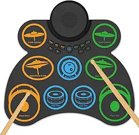 VEDO Conjunto de Bateria Eletrônica Portátil com 9 Pads, Duplo Alto-Falante, 4 Horas de Bateria, MIDI e Conexão para Jogos - Presente Musical Perfeito para Iniciantes e Crianças