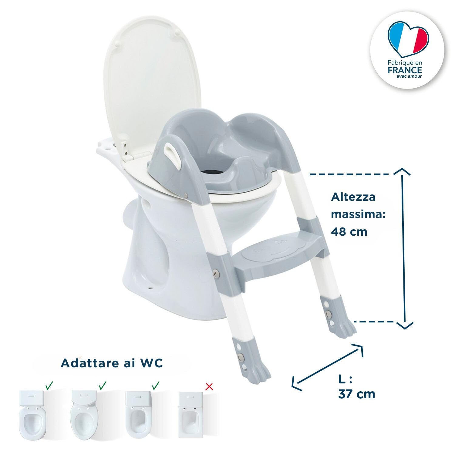 THERMOBABY - Reductor de inodoro para niño - Kiddyloo - Ingenioso, divertido & Higiénico - Pies ajustables - Peldaños antideslizantes - Plegable compacto - A partir de 18 meses - Made In France - Gris