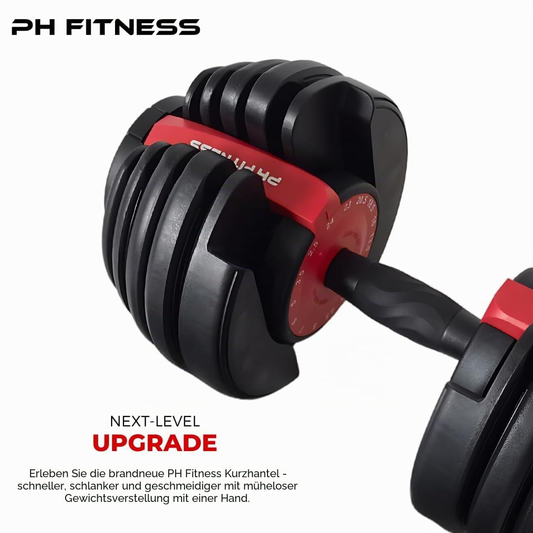 PH Fitness Premium Verstellbares Kurzhantel Set 24kg – 15-in-1 Einhand-Drehung – Kompaktes Hantel-Duo für Home Gym – 2,5–24kg – Platzsparendes Krafttrainingsgerät