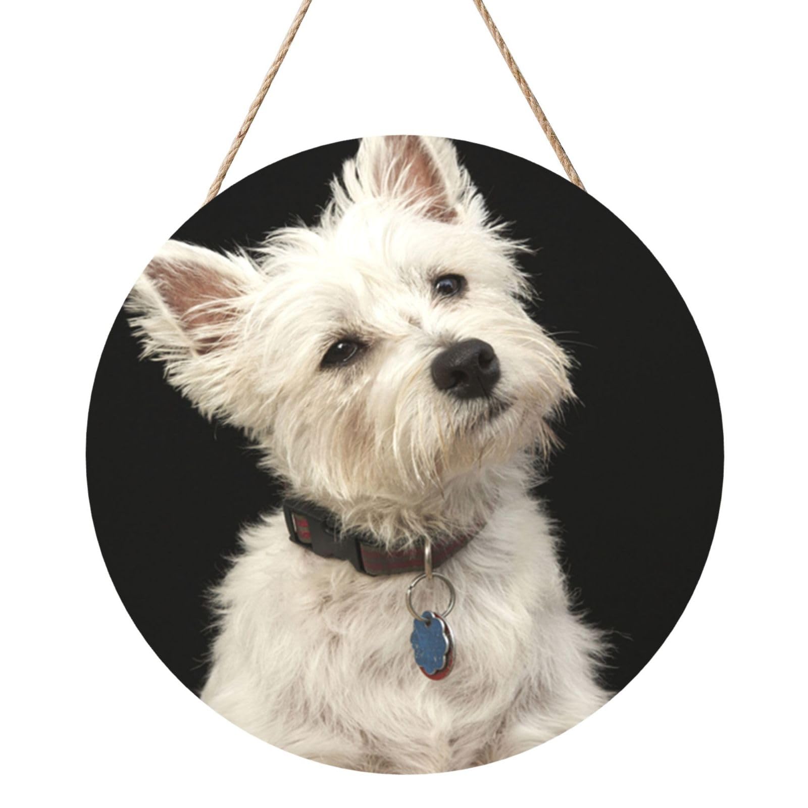 InOmak West Highland Terrier With Collar, Round Wood Panel Painting 12 in, Wall Hanging Painting For Home