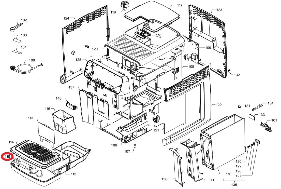 പൊട്ടിത്തെറിച്ചു view of a Philips coffee machine with the drip tray and floater circled