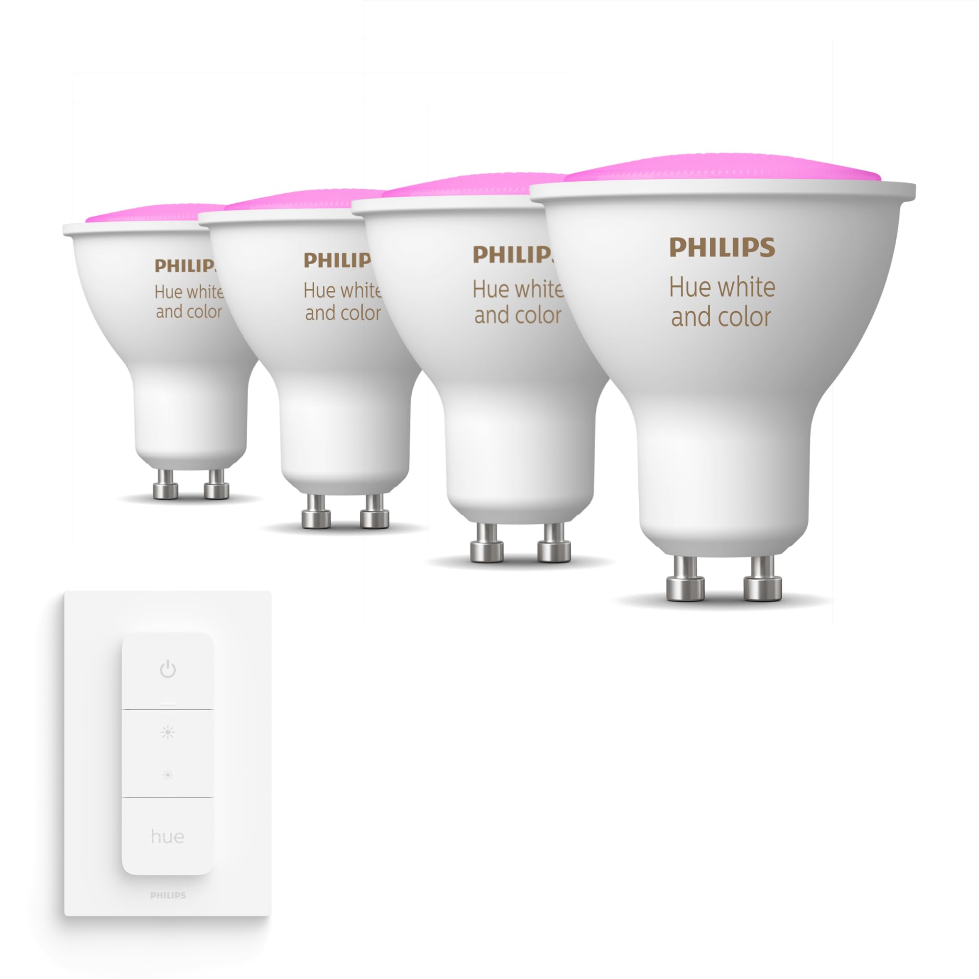 Philips Hue Vorteilspaket - GU10 - mit 4 Spots - Weißes und Farbiges Licht - inkl. 1 Hue Dimmschalter - Hue White and Color Ambiance