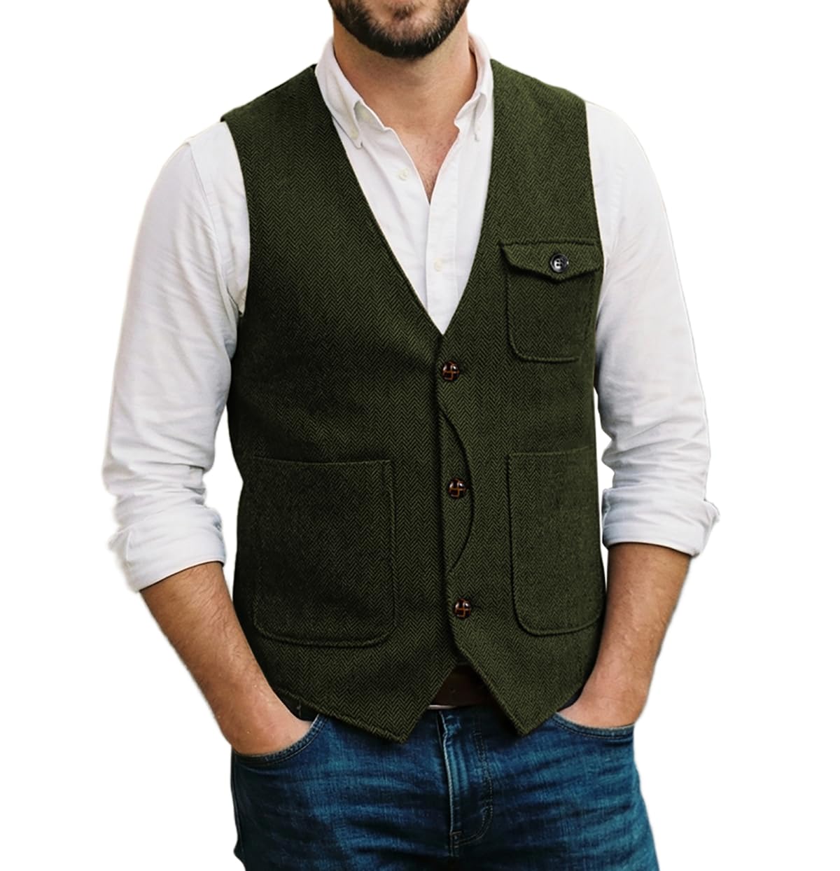 Solovedress Mens Vintage Wool 3 Real Pockets Suit Vest V Neck Tweed Waistcoat for Wedding Groomsmen(Army Green,XXXL)