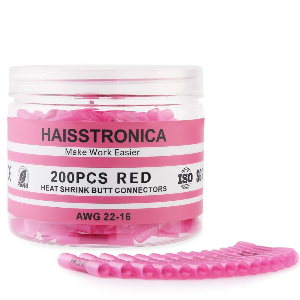haisstronica 200PCS Heat Shrink Butt Connectors, 22-16 AWG Red