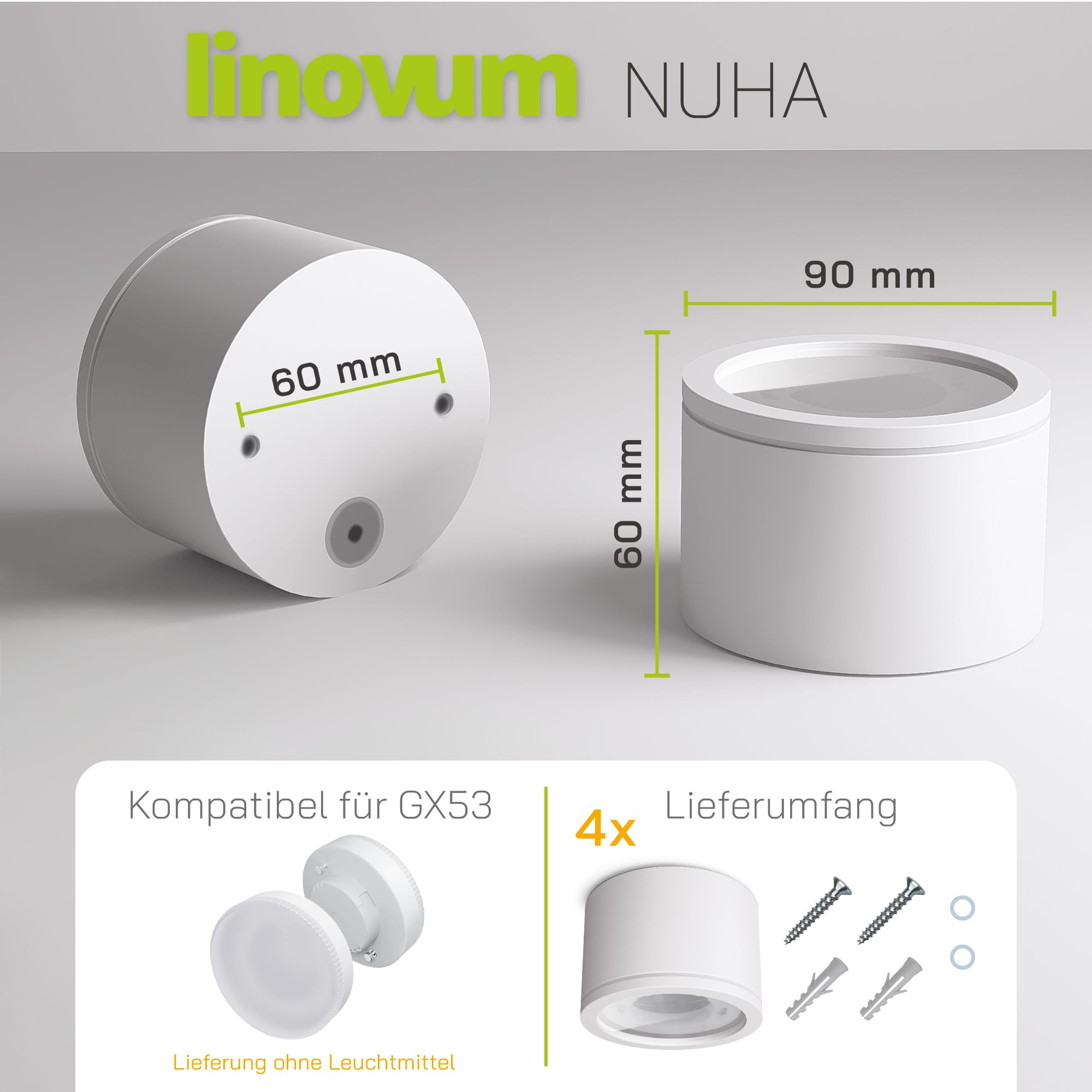 linovum NUHA Aufbauspot weiß Bad IP44 mit Fassung für 1x GX53 - Badezimmer Aufbauleuchte Spot Ø 90 mm Aluminium Deckenstrahler