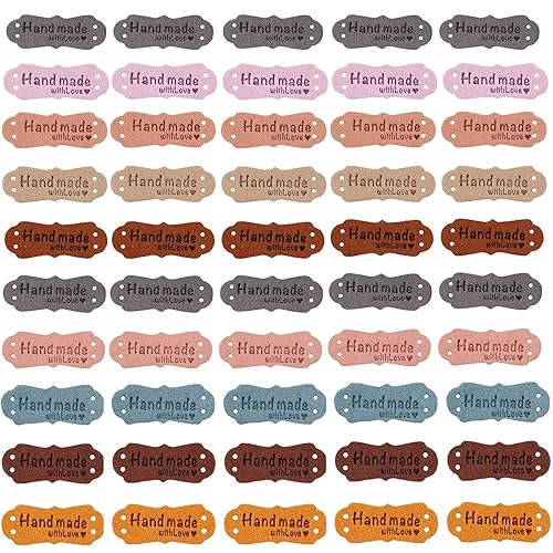 LMOGWL 50 Pièces Étiquettes en Cuir Faites à la Main, Microfibre Étiquettes Tissées en Cuir avec Coeurs d'Amour Etiquette Fait Main a Coudre pour...