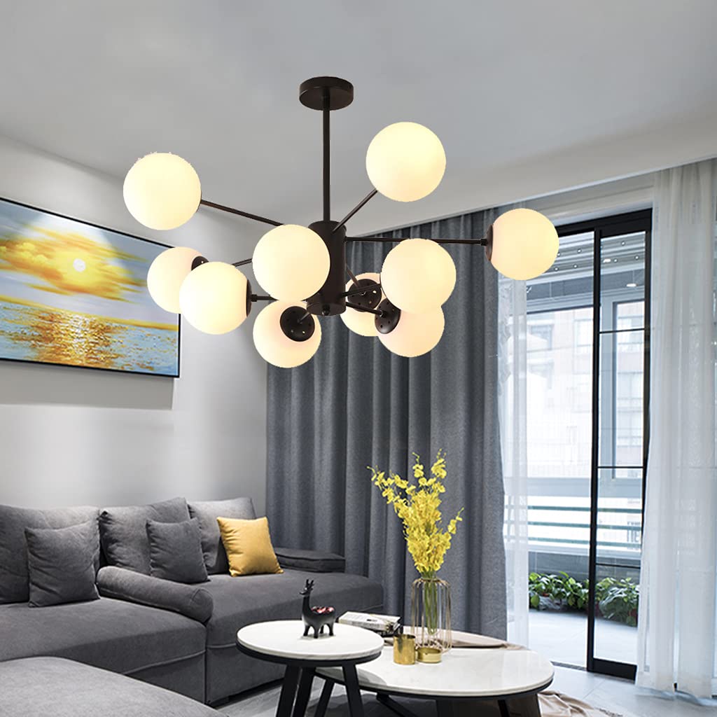 Chandelier Large Pendant Lamp E27 Hanging Light Modern glass Pendant Light White magic beans Design Lampshade Creative Dining Room Bedroom Home Living Room Office Cafe Ceiling Lighting,Black,10 heads