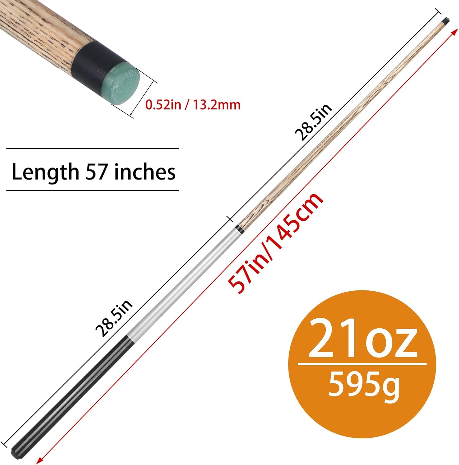 Kmise Break Cue Stick,21oz 2-Piece Break Cue Stick Punch Billiard Pool Cue Sticks with 13mm Pro Breaking Tip,Includes Pool Chalk and Glove.