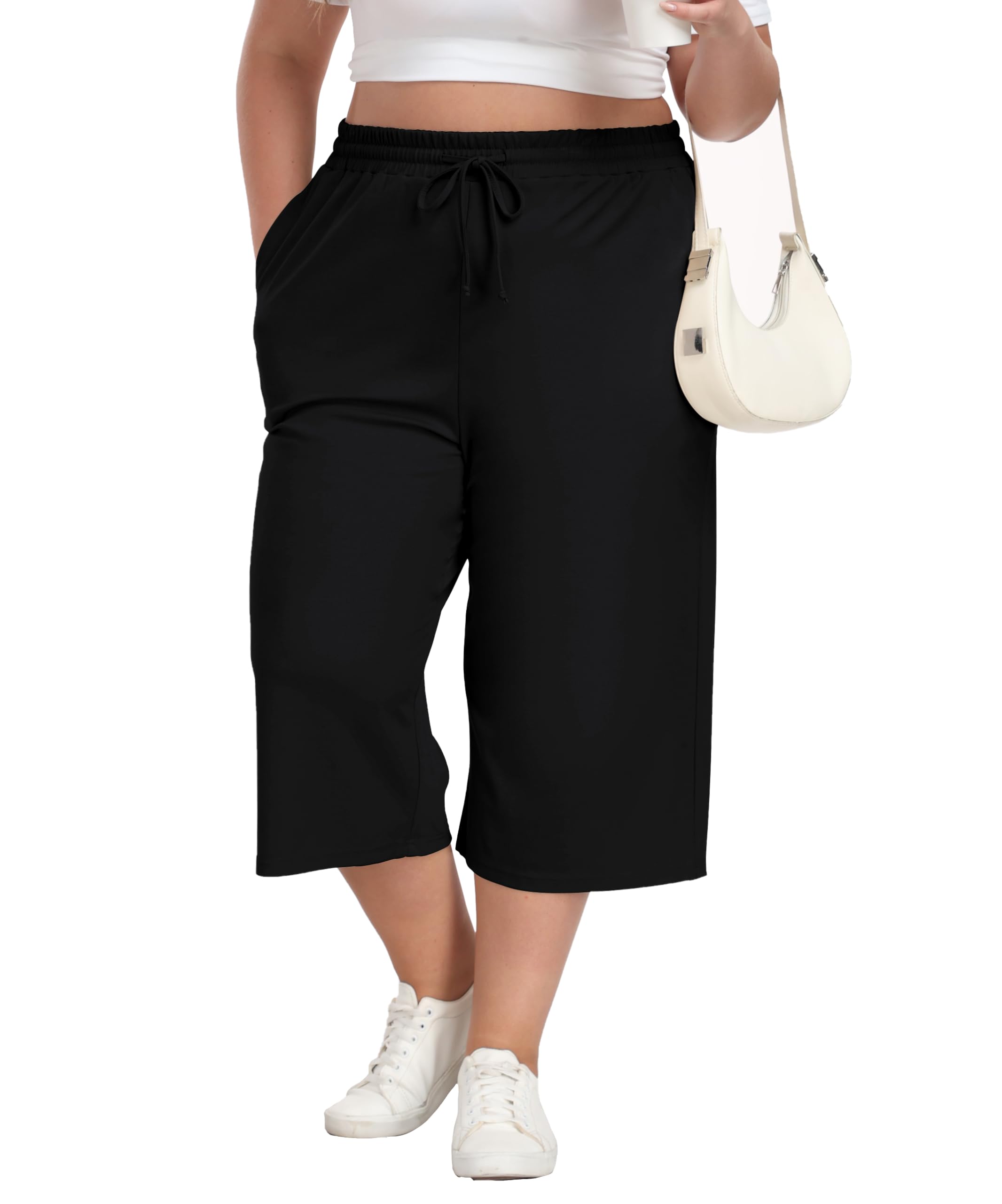 Cheapestbuy Womens Plus Size Capris Wide Leg Crop Casual Pants Comfy Summer Pants with Pockets Drawstring
