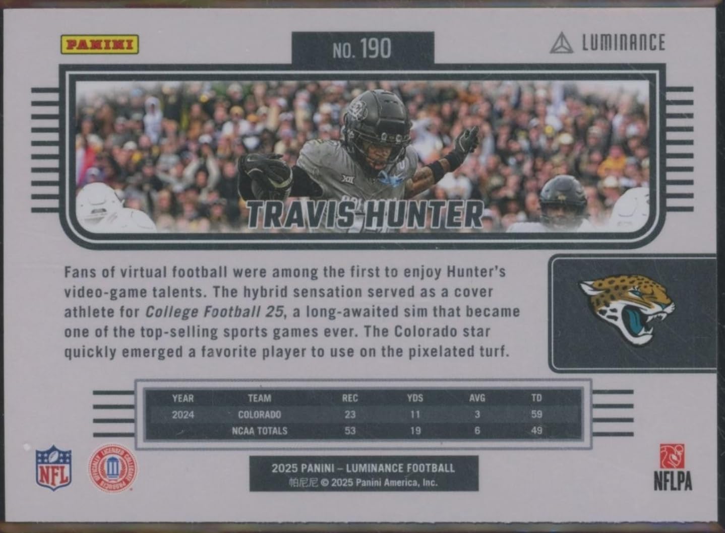 2025 Panini Luminance Travis Hunter #190 Sideways Jacksonville Jaguars Rookie RC Football Card