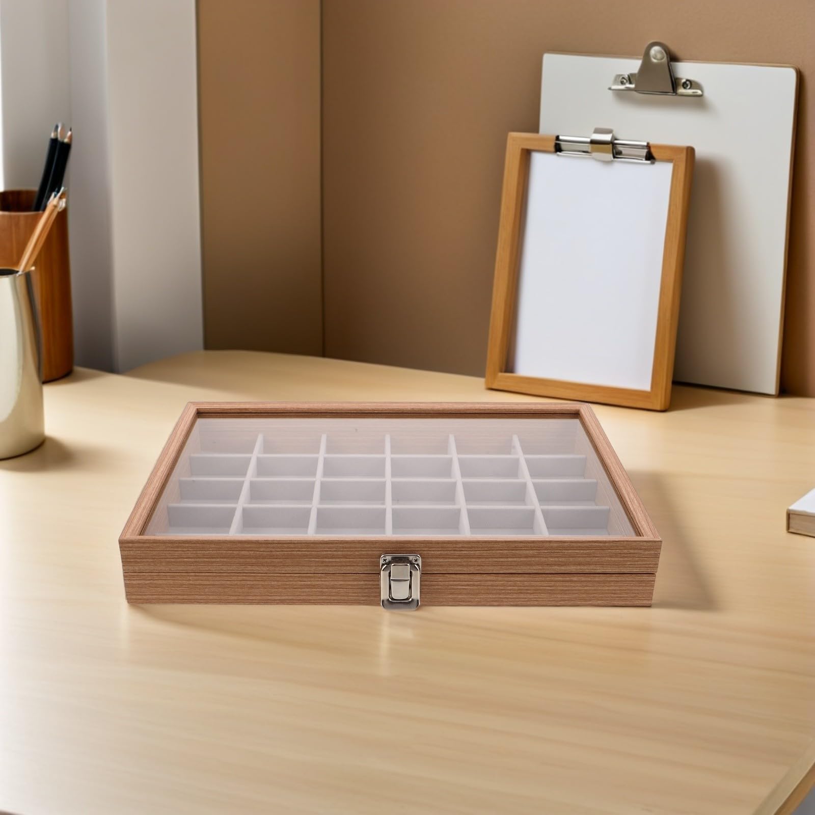 Operitacx Aufbewahrungsbox für Steinsammlungen mit 30 Fächern und Deckel | Beige, 35, 00x24, 00x5, 00cm, Geteilter Kasten für Mineralien, Kristalle und Schmuck