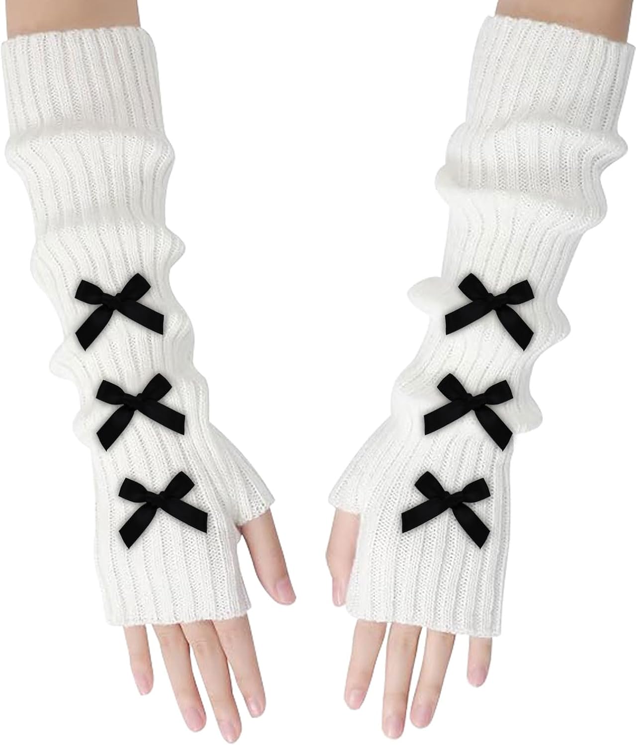 Women's Arm Warmers, Y2K Cute Bow Arm Gloves Fashion Long Fingerless Gloves Winter Warm Arm Sleeves with Thumb Hole