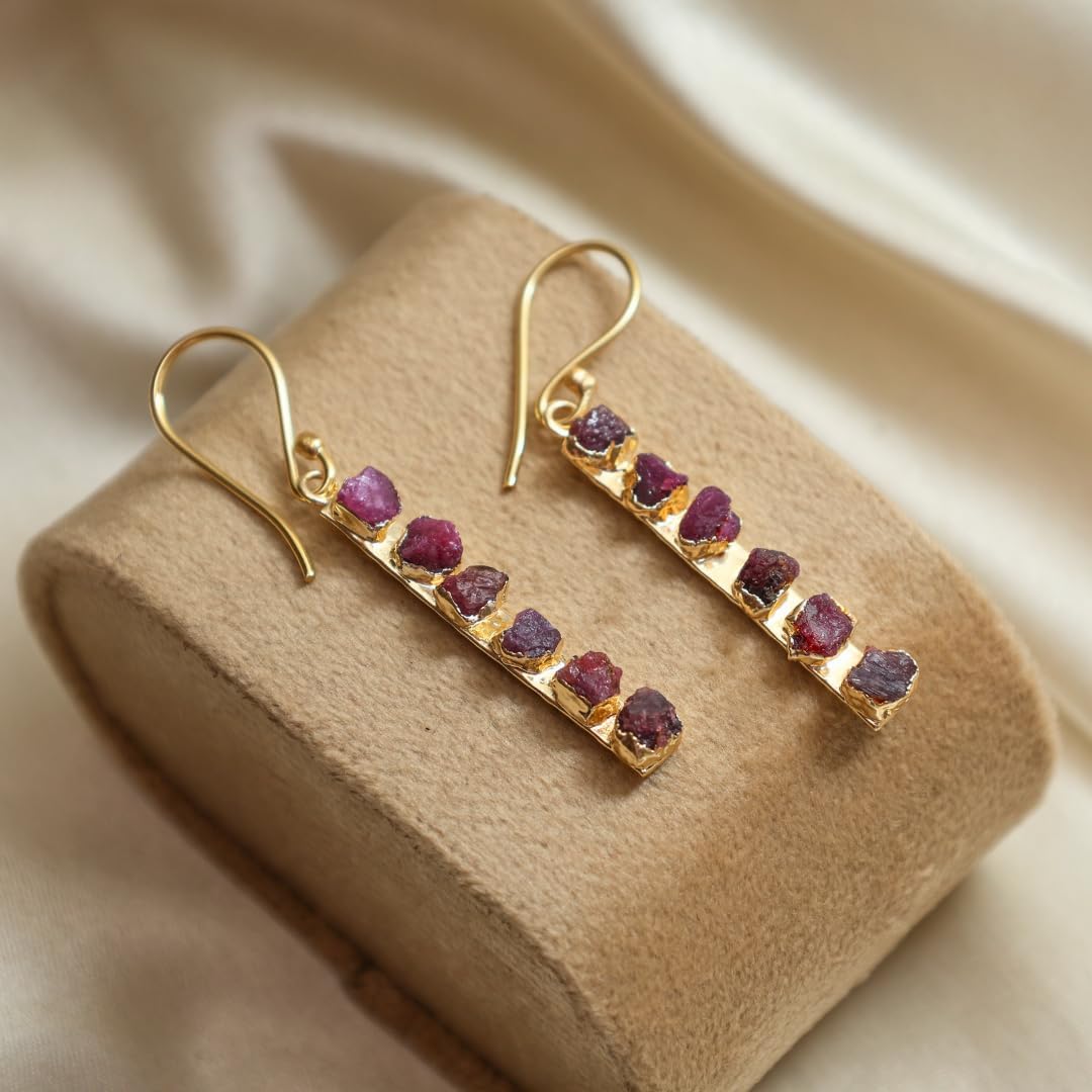 Gempires Genuine Gemstone Drop Bar Earrings for Women 14k Gold Plated Hammer Finish Dangle Handmade Hypoallergenic Crystal Jewelry Gift - Image 5