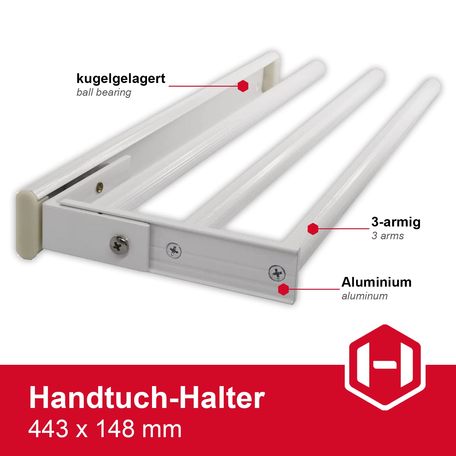 GedoTec Toallero extensible toalla tira-hacia fuera HOSTAL fabricado en aluminio blanco cubierto Toallero de barra 1-armig Longitud de instalación 443 mm Sostenedor de la toalla de té para Laterales &