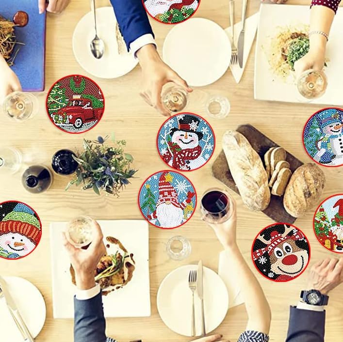 Miniatura 6 de Juego de 8 posavasos de pintura de diamantes con soporte, posavasos de Navidad para invierno, muñeco de nieve de diamante, kits de pintura de