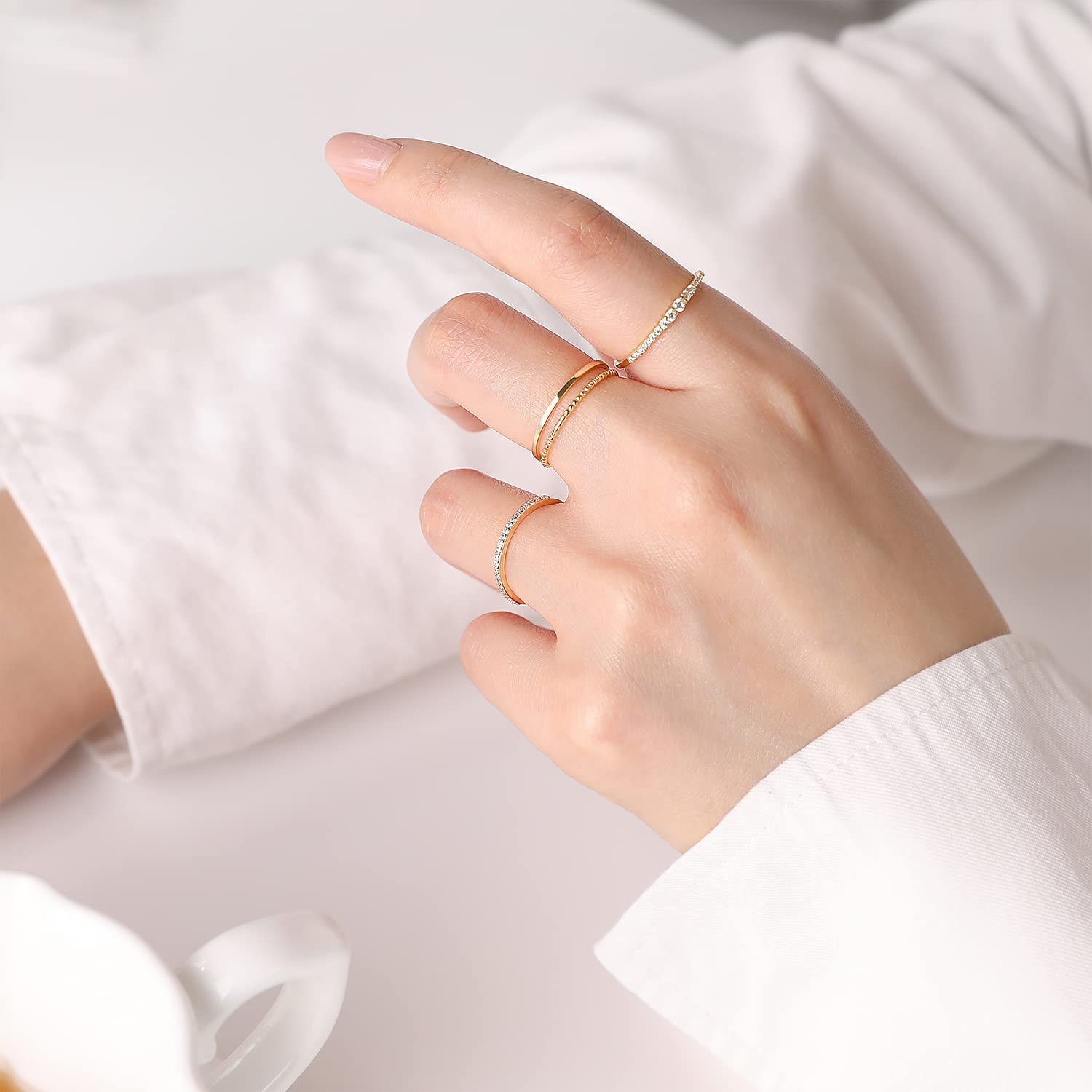 Meissa Lot de 4 Bague Plaqué Or/Argent Bague en Pierres pour Femme Empilable délicate Ultra Fine Bague Bijoux Cadeau