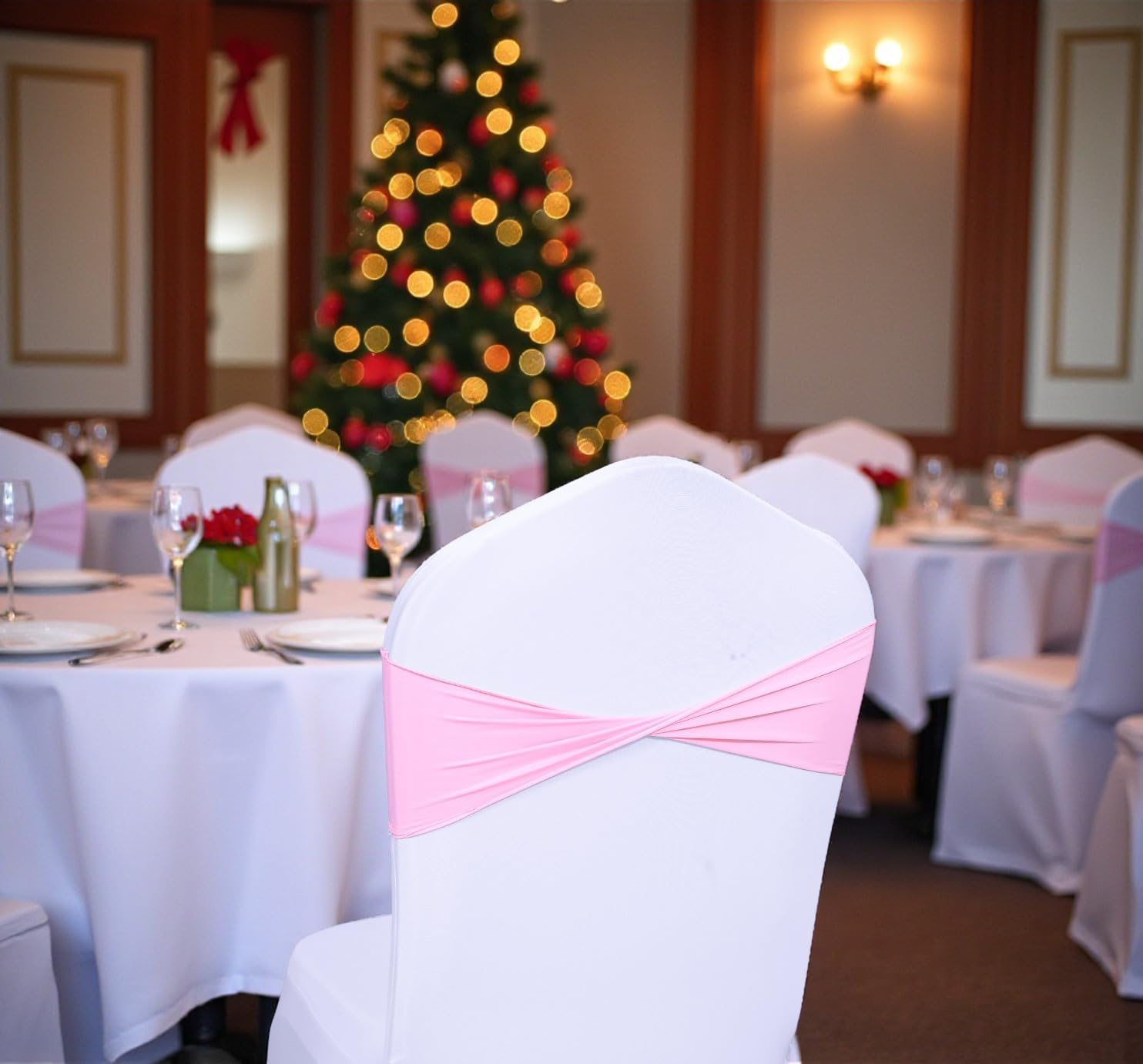 MDS 75 Pack Spandex Chair Sashes Elastic Chair Bands Plain No Buckle - Universal Fit Stretch Bands for Christmas Party, Wedding, Holiday Harvest Dinner, Thanksgiving, New Year Decor - Pink