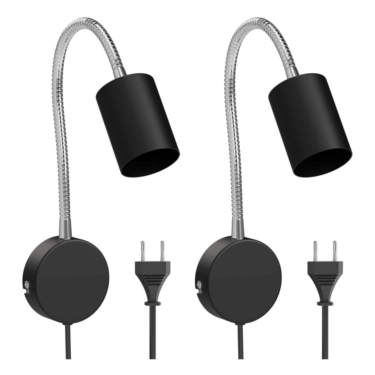 ledscom.de 2x Leselampe/Wandleuchte WAIKA, Schwanenhals, Schalter, Stecker, schwarz matt, 1x GU10 max. 15W