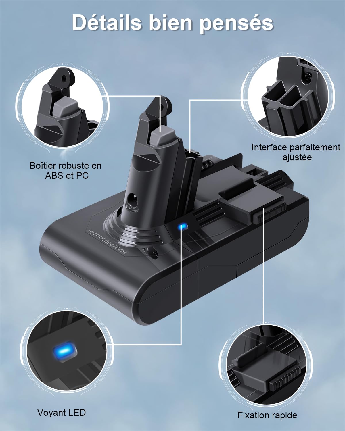 Waitley Batterie pour Dyson V6 6000mAh, sans Vis, 2 Filtres Lavables | Pour Dyson V6 DC58/DC59/DC61/DC62/SV03/SV09; batterie Li-ion 6000mAh à fixation par boucle avec 2 préfiltres