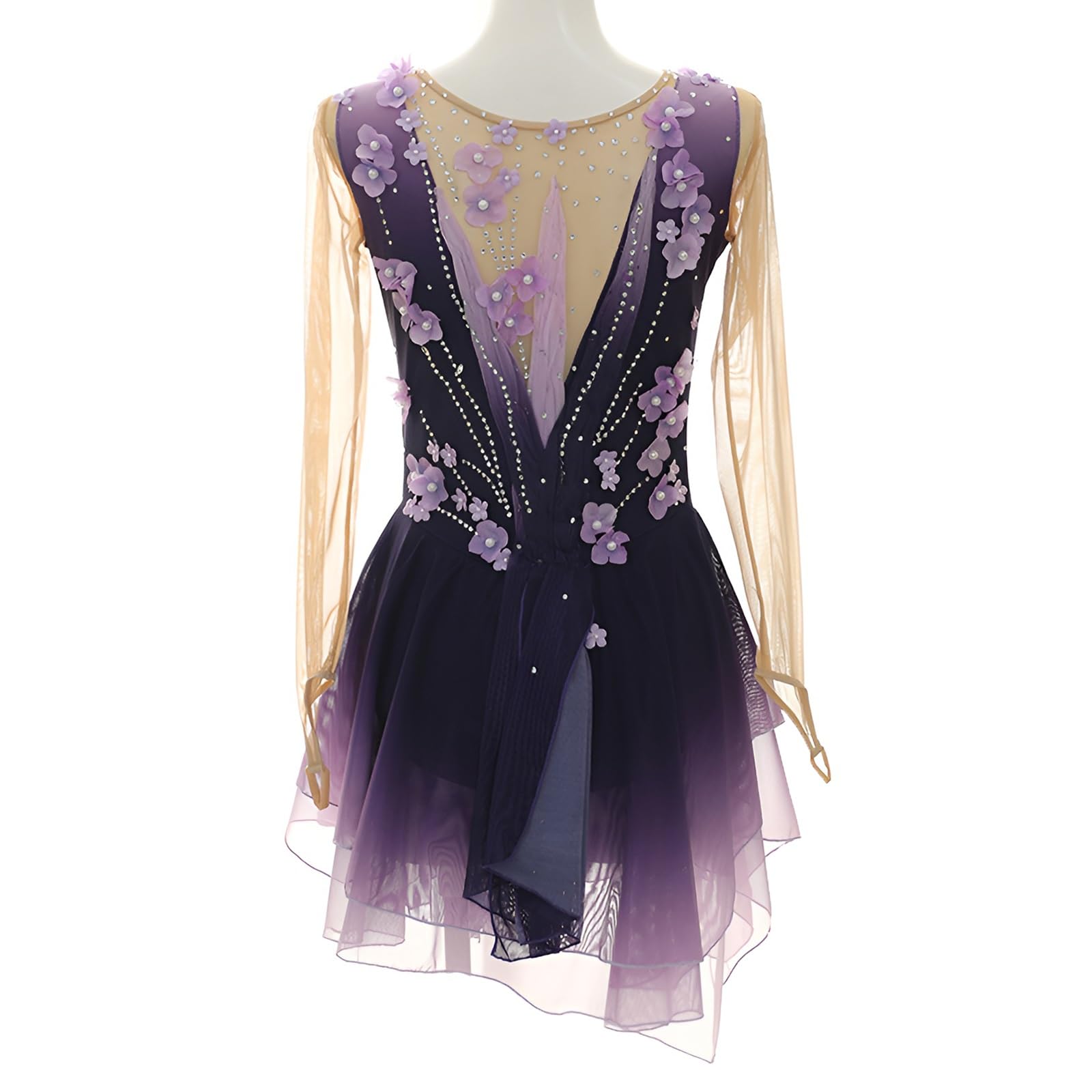 Girl's Figure Skating Dress for Competition, Women's Long Sleeves Sparkling Rhinestones Ice Skating Dress(Medium) Purple