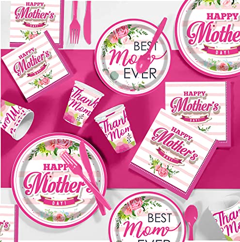Pammyan Happy Mothers Day Party Supplies Tableware Set - 25 Set Floral Flowers Disposable Dinnerware Tablecloth - Paper Plates Napkins Cups, Pink Plastic Forks Knives Spoons For School Office Home #TOP2