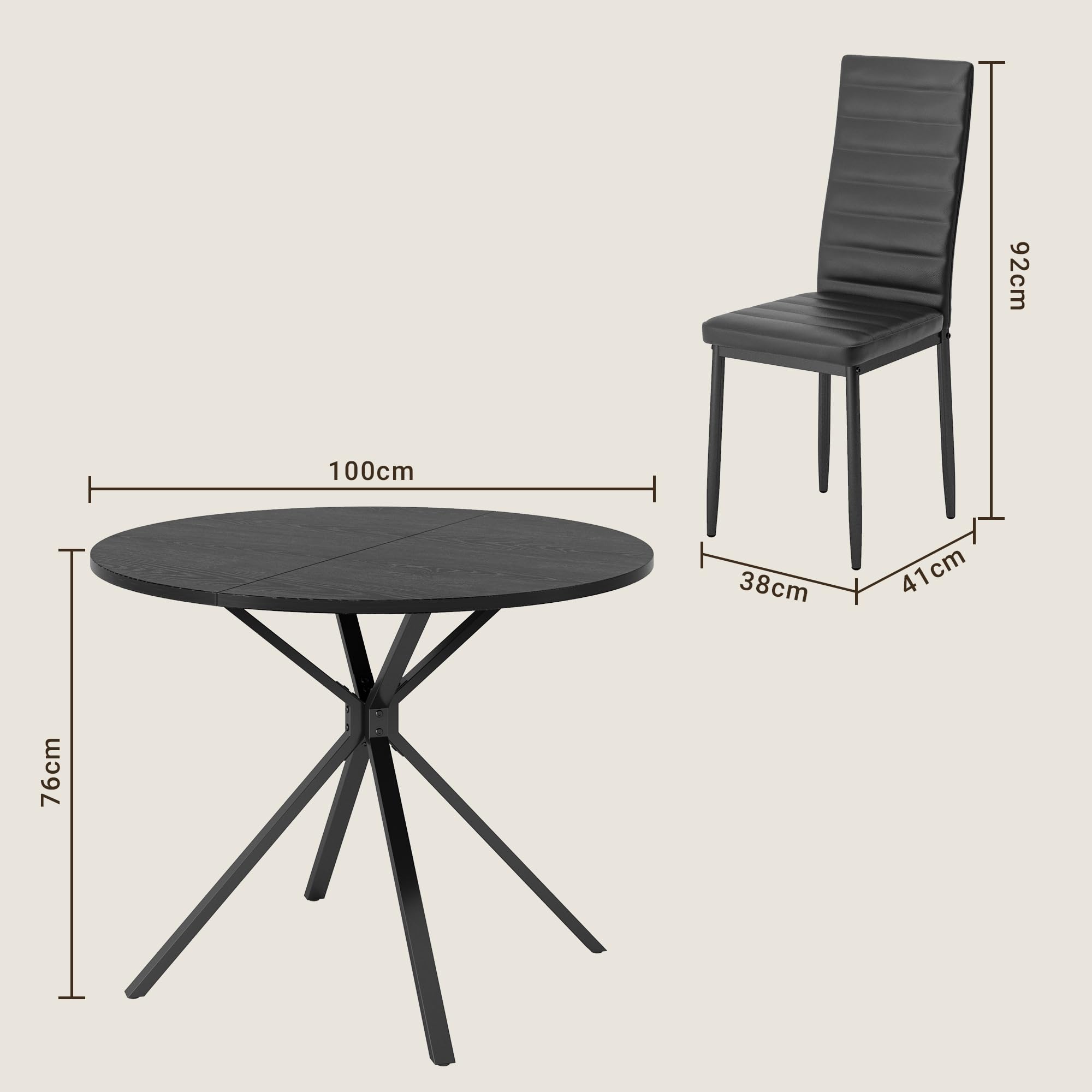 Xbro Dining Table and 4 Chairs Set, Round Dining Table for Dining Room Kitchen Living Room, Sturdy Structure for Small and Large Spaces, Black — view 3
