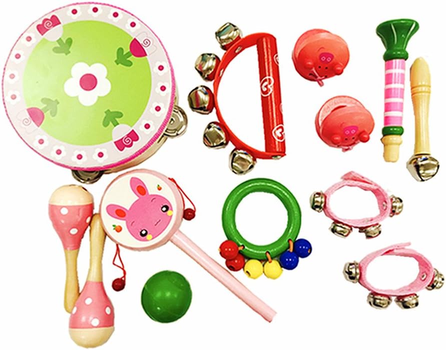 Musical Instruments Kids Mini Wooden Percussion Toy Colorful Boys Girls Rhythm Band Set Tambourine Finger Castanets Preschool Music Education 13 Pcs Pink