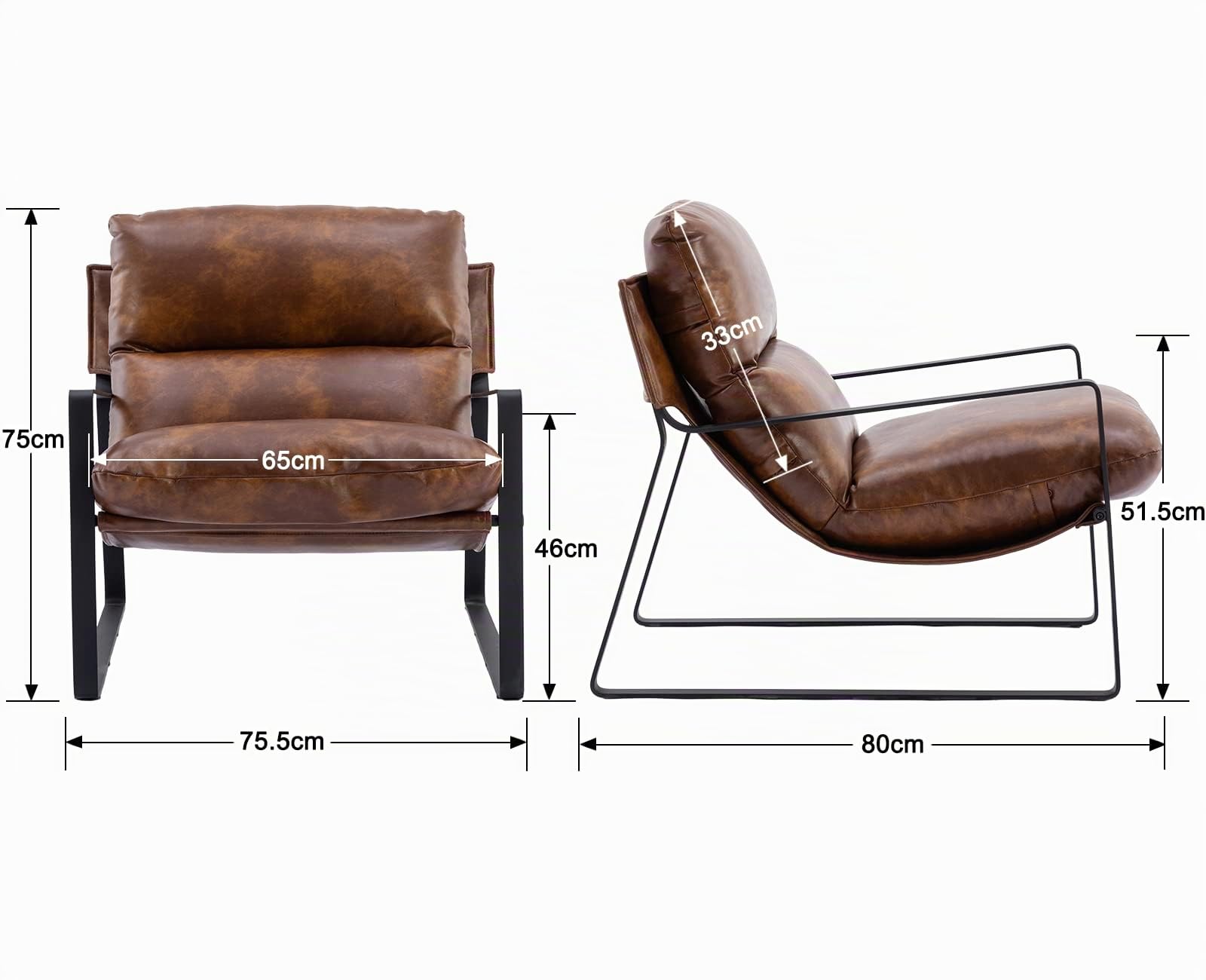 Ya-Home Sessel Wohnzimmer Lesesessel mit Armlehnen moderner Loungesessel mit Metallgestell,Kunstleder, Braun