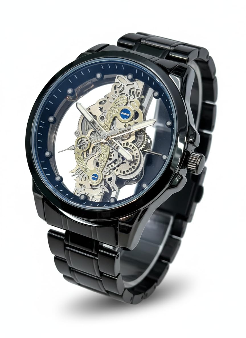 Skeleton Automatic Watch, Black Stainless Steel Bracelet, Blue Dial, Mechanical Movement