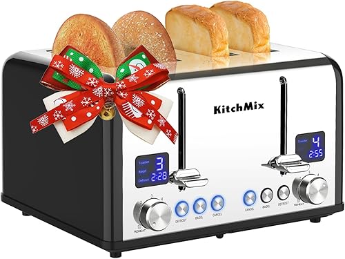 Tostadora KitchMix Bagel de acero inoxidable con temporizador LCD, ranuras extra anchas, pantalla doble, bandeja de extracción de migas (negro)