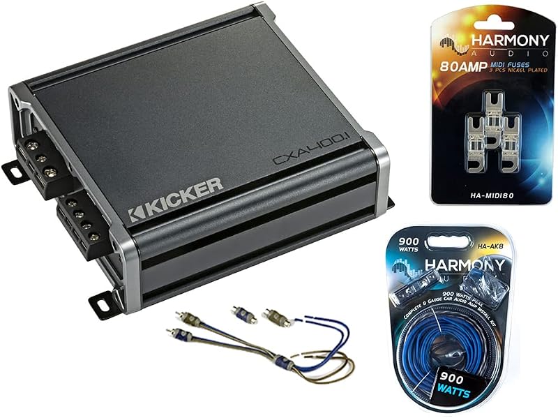 CXA300.1 Car Audio Sub Amp with 8-Gauge Amp Wiring Kit 43CXA3001 | 300 watt mono entry-level Class D, remote bass knob included, power ground and signal leads, terminals and fuse holder