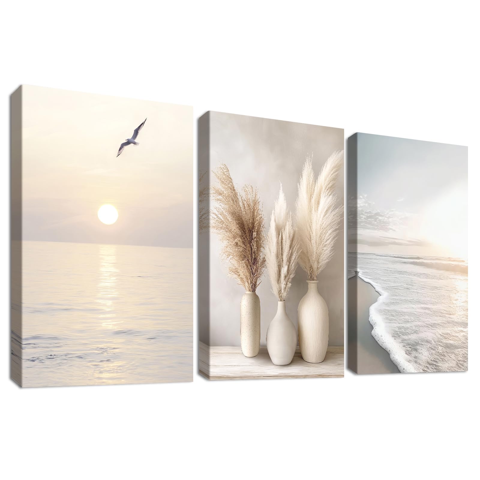 3Pcs Küstenstrand Meereswelle Leinwand Bilder Mit Rahmen Boho Pampasgras Ozean Sonnenuntergang Bilder auf Leinwandbilder Malerei Wandbilder Wohnzimmer Schlafzimmer Badezimmer Wanddeko 40x60cm x3pcs