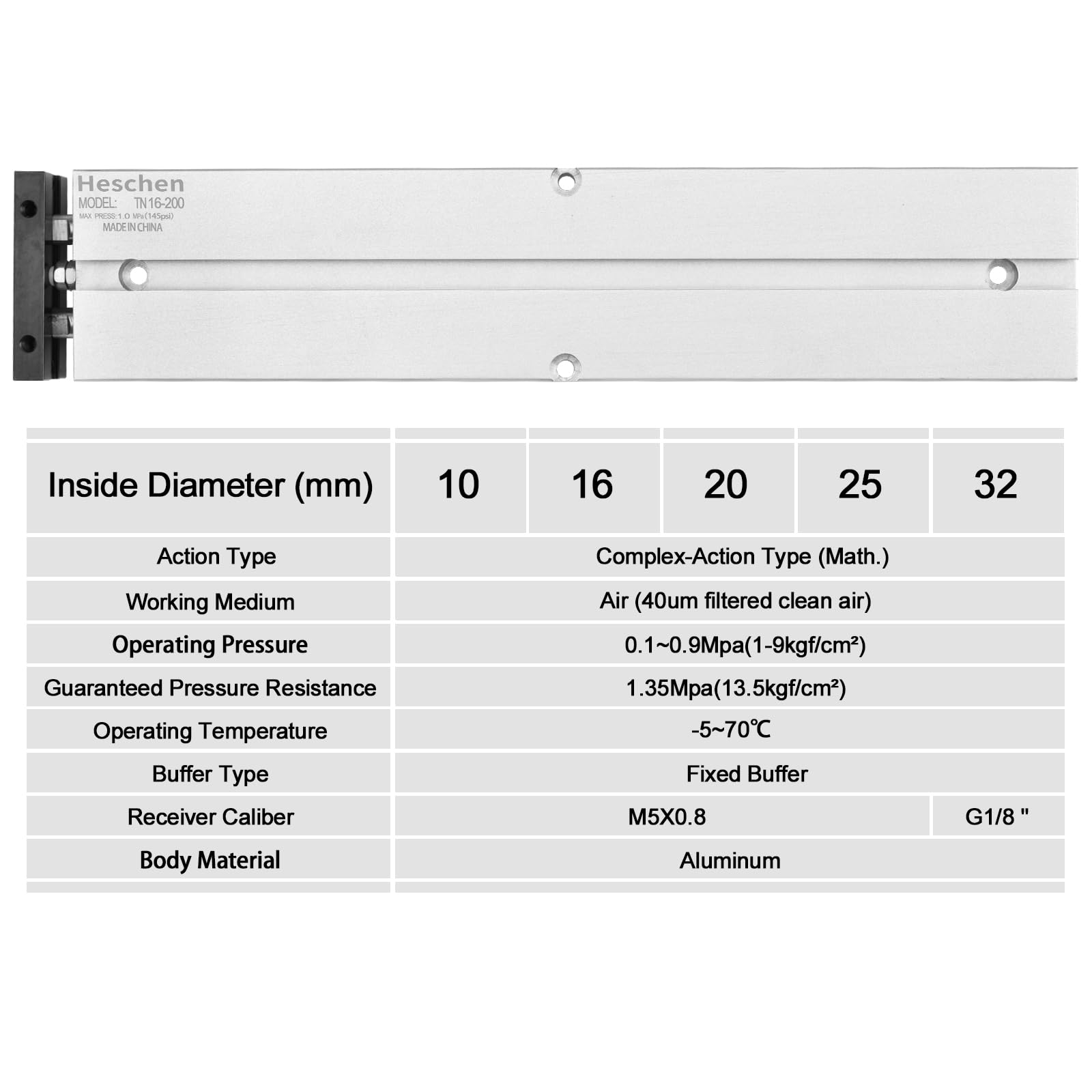 Heschen Cylindre pneumatique TN16-200 (TDA16-200), alésage 16 mm, cylindre pneumatique en aluminium à double tige, avec aimant (course: 200 mm)